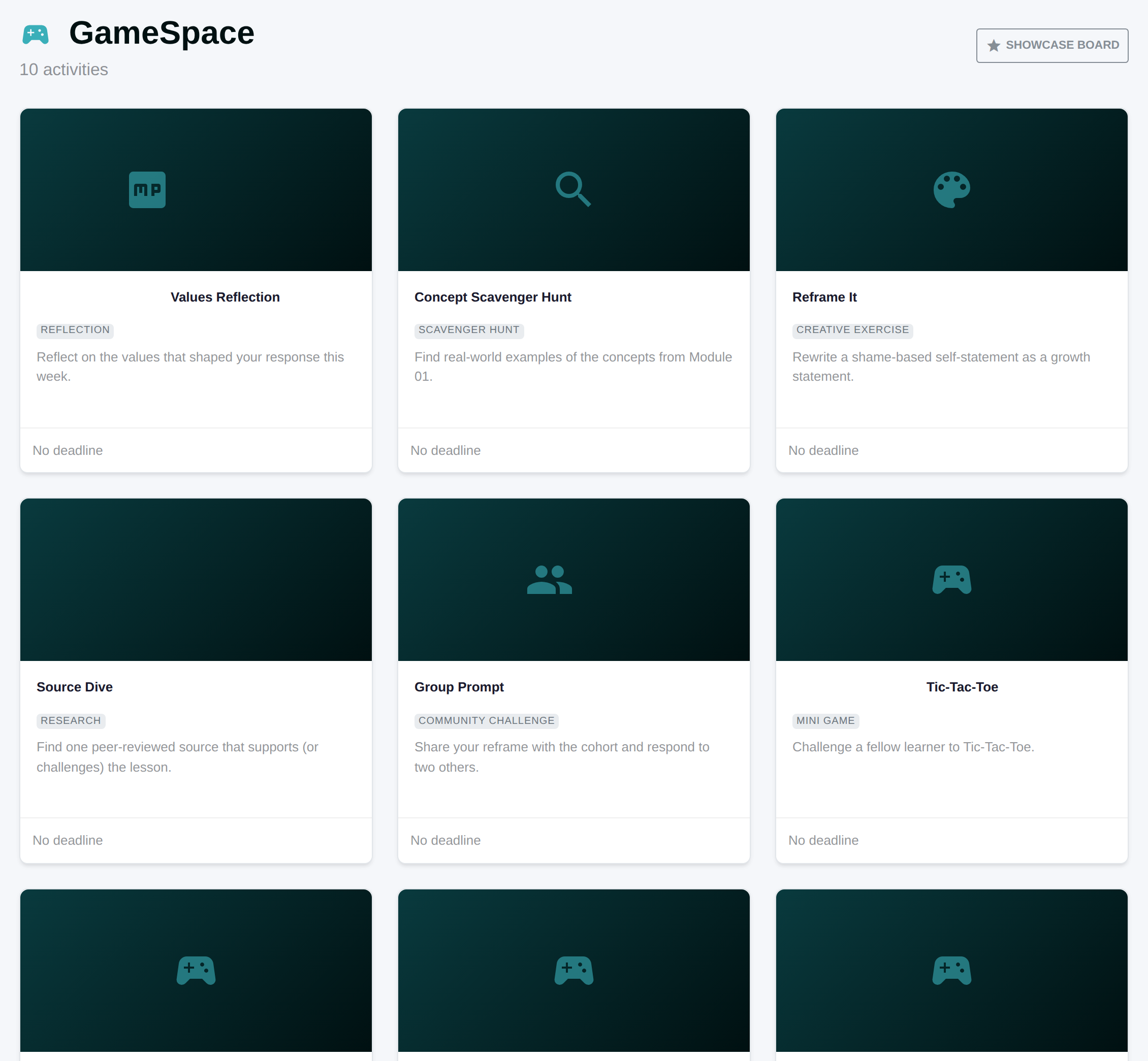 The GameSpace — course-tied activities and games: reflections, scavenger hunts, creative and research prompts, peer mini-games, a board game, and solo chess.